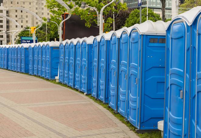 festive, colorfully decorated portable restrooms for a seasonal event in Brooklyn Center, MN